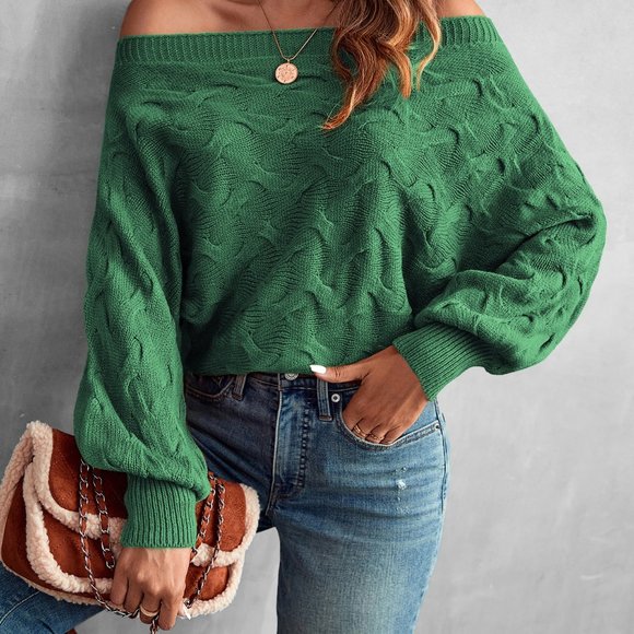 New Off Shoulder Batwing Sleeve Textured Sweater Green - Picture 4 of 7
